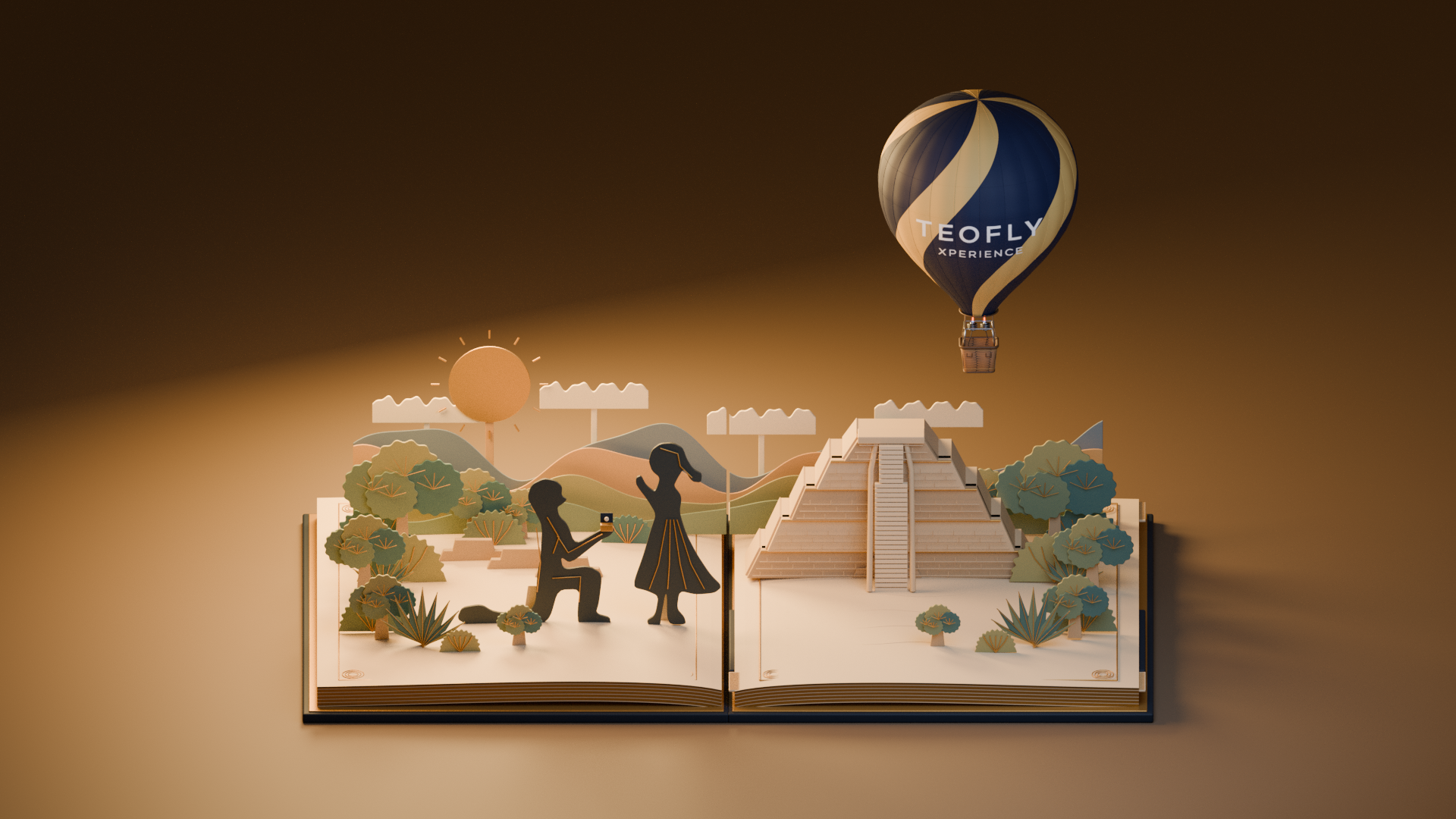 El libro abierto muestra el globo TEOFLY y una propuesta de matrimonio